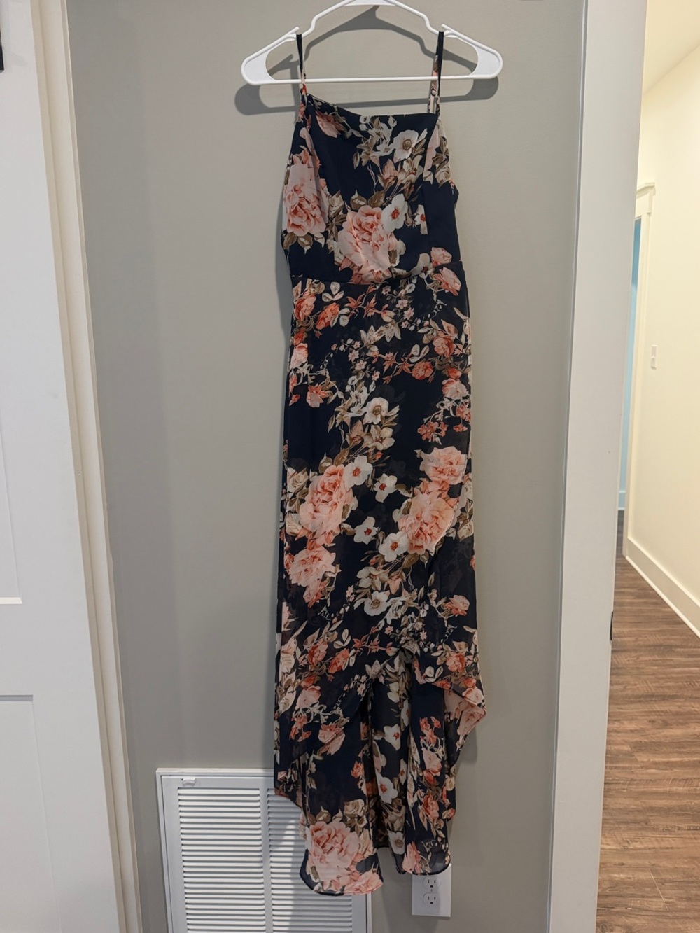 Lulu's Navy Floral High-Low Maxi Skirt with Pink Blooms